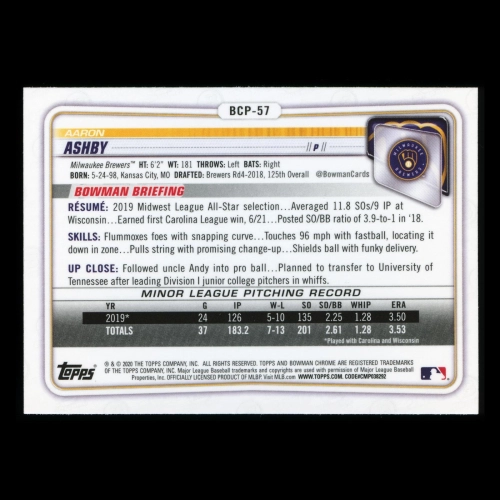 Aaron Ashby 2020 Bowman Chrome 1st Bowman Prospect Brewers