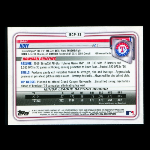 Sam Huff 2020 Bowman Chrome 1st Bowman Prospect Rangers