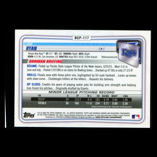 Joe Ryan 2020 Bowman Chrome 1st Bowman Prospect Rays