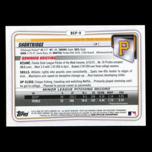 Aaron Shortridge 2020 Bowman Chrome 1st Bowman Prospect Pirate