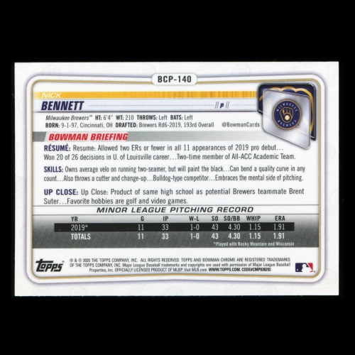 Nick Bennett 2020 Bowman Chrome 1st Bowman Prospect Brewers