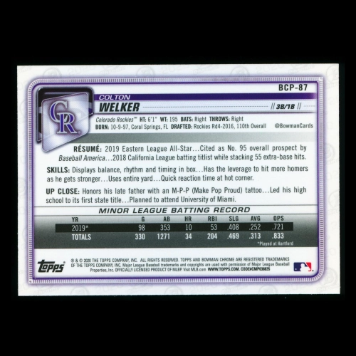 Colton Welker 2020 Bowman Chrome Prospect Mojo Refractor Rockies