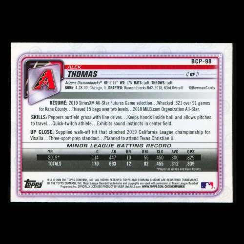 Alek Thomas 2020 Bowman Chrome Prospect Mojo Refractor Diamondbacks