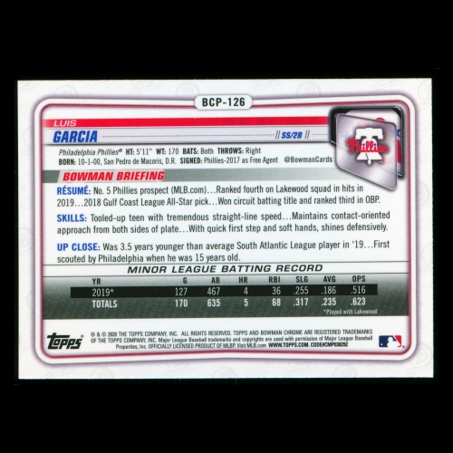 Luis Garcia 2020 Bowman Chrome Prospect Phillies