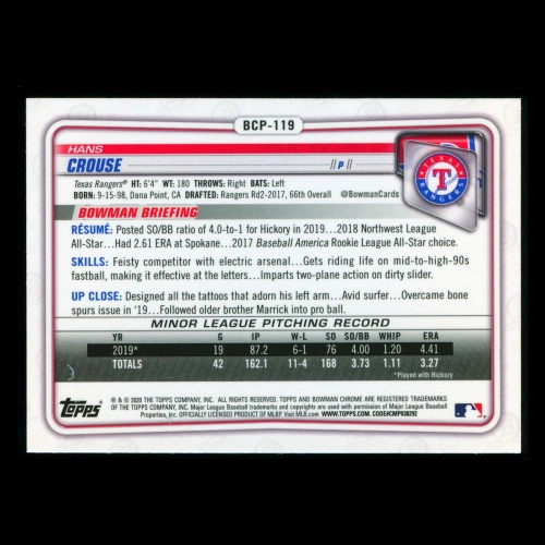 Hans Crouse 2020 Bowman Chrome Prospect Rangers