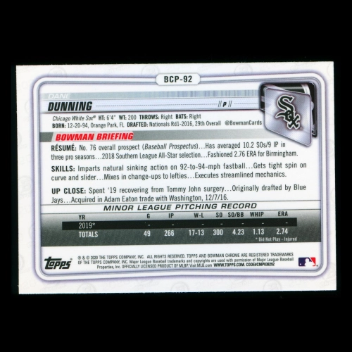Dane Dunning 2020 Bowman Chrome Prospect White Sox