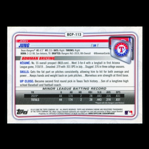 Josh Jung 2020 Bowman Chrome Prospect Rangers