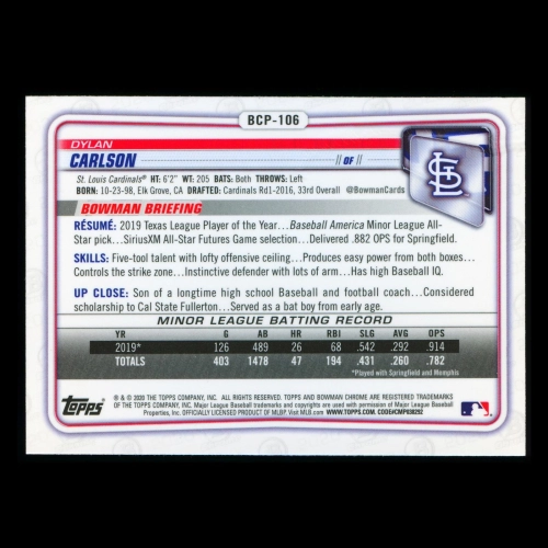Dylan Carlson 2020 Bowman Chrome Prospect Cardinals