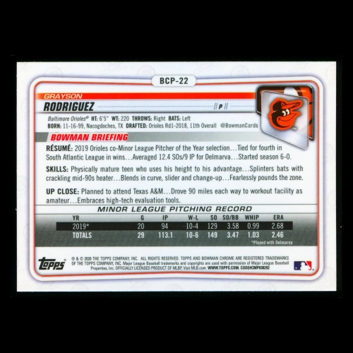 Grayson Rodriguez 2020 Bowman Chrome Prospect Orioles
