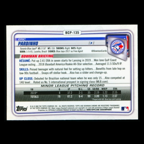 Eric Pardinho 2020 Bowman Chrome Prospect Blue Jays