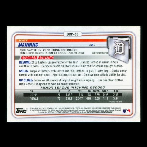 Matt Manning 2020 Bowman Chrome Prospect Tigers
