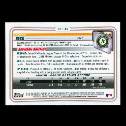 Austin Beck 2020 Bowman Chrome Prospect Athletics