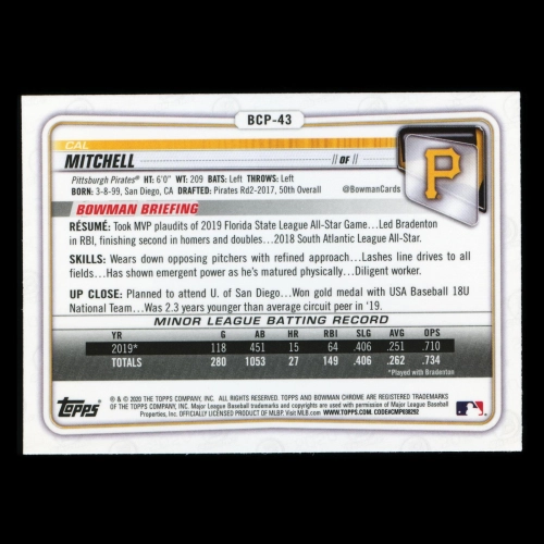 Cal Mitchell 2020 Bowman Chrome Prospect Pirates