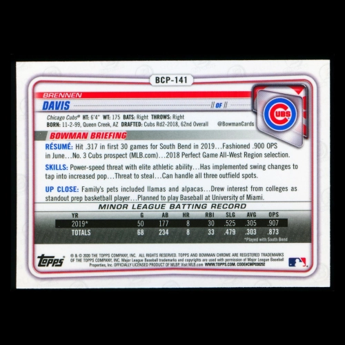 Brennen Davis 2020 Bowman Chrome Prospect Cubs