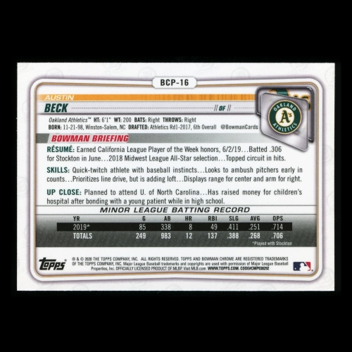 Austin Beck 2020 Bowman Chrome Prospect Athletics