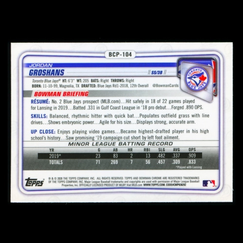 Jordan Groshans 2020 Bowman Chrome Prospect Blue Jays