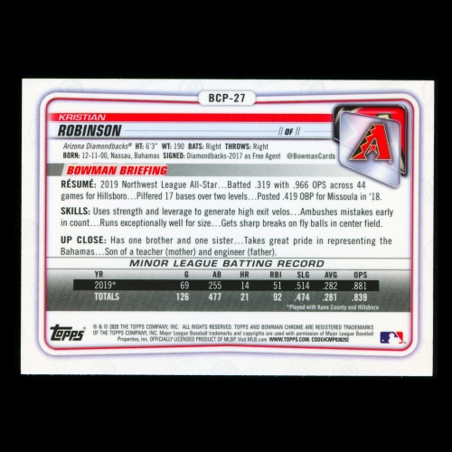 Kristian Robinson 2020 Bowman Chrome Prospect Diamondbacks