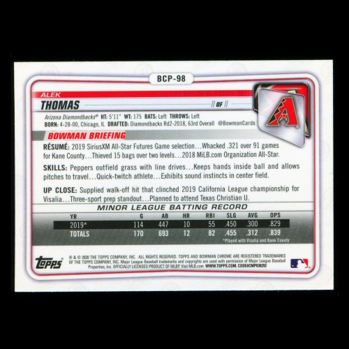 Alek Thomas 2020 Bowman Chrome Prospect Diamondbacks