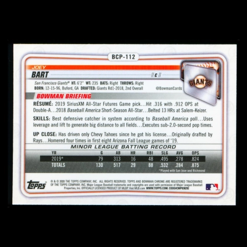 Joey Bart 2020 Bowman Chrome Prospect Giants