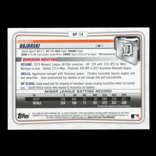 Ulrich Bojarski 2020 Bowman 1st Bowman Prospect Tigers