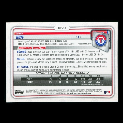 Sam Huff 2020 Bowman 1st Bowman Prospect Rangers