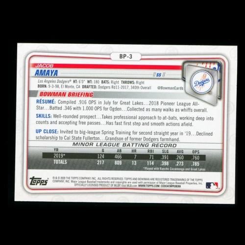 Jacob Amaya 2020 Bowman 1st Bowman Prospect Dodgers
