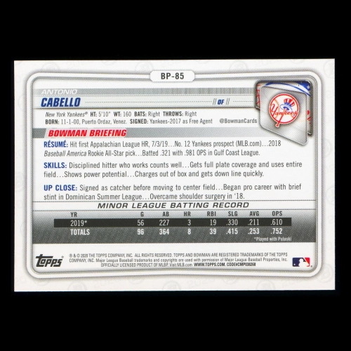 Antonio Cabello 2020 Bowman 1st Bowman Prospect Yankees