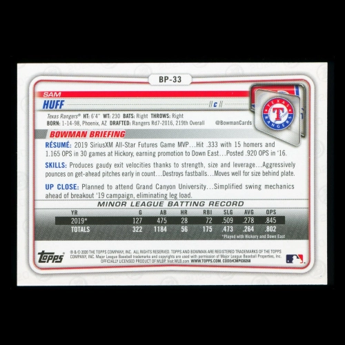 Sam Huff 2020 Bowman 1st Bowman Prospect Rangers