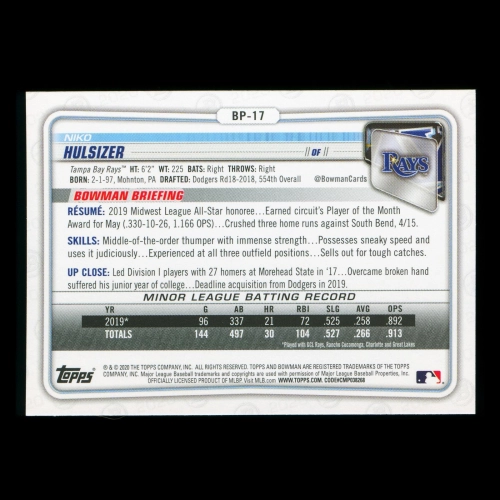 Niko Hulsizer 2020 Bowman 1st Bowman Prospect Rays