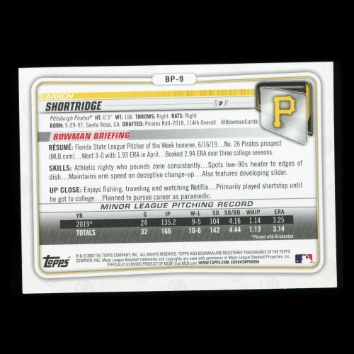 Aaron Shortridge 2020 Bowman 1st Bowman Prospect Pirates