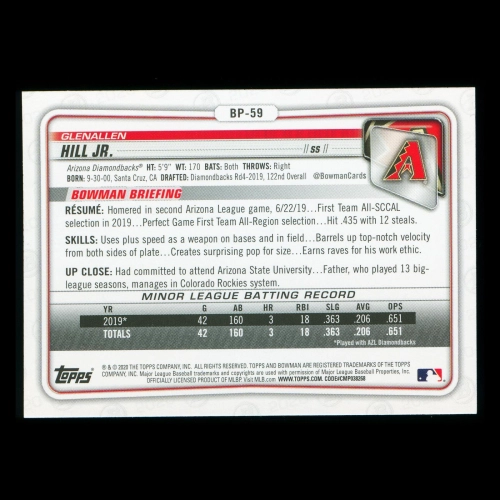 Genallen Hill Jr. 2020 Bowman 1st Bowman Prospect Diamondbacks