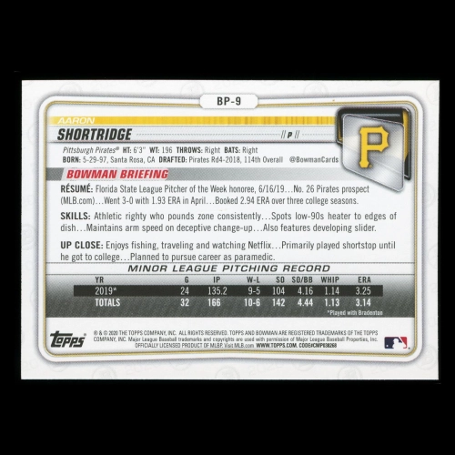 Aaron Shortridge 2020 Bowman 1st Bowman Prospect Pirates