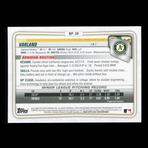 Gus Varland 2020 Bowman 1st Bowman Prospect Athletics