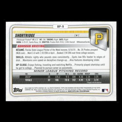 Aaron Shortridge 2020 Bowman 1st Bowman Prospect Pirates