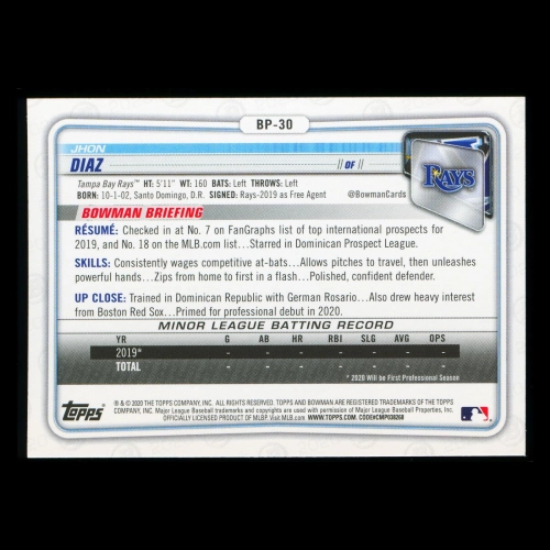 Jhon Diaz 2020 Bowman 1st Bowman Prospect Rays