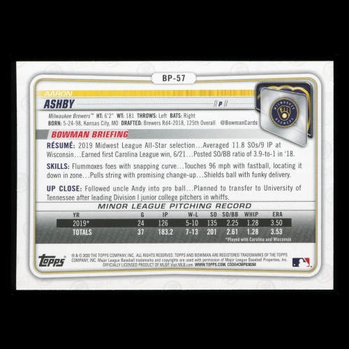 Aaron Ashby 2020 Bowman 1st Bowman Prospect Brewers