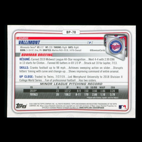 Chris Vallimont 2020 Bowman 1st Bowman Prospect Twins