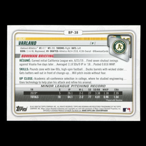 Gus Varland 2020 Bowman 1st Bowman Prospect Athletics