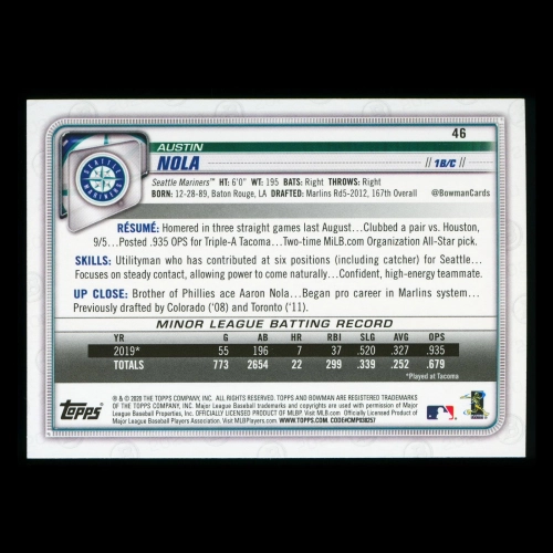 Austin Nola RC 2020 Bowman Rookie Mariners