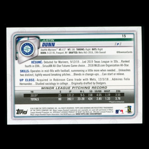 Justin Dunn RC 2020 Bowman Rookie Mariners