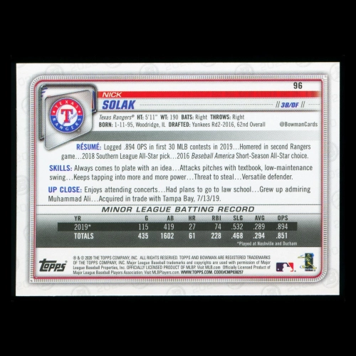 Nick Solak RC 2020 Bowman Rookie Rangers