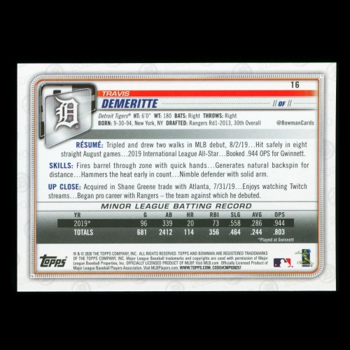Travis Demeritte RC 2020 Bowman Rookie Tigers
