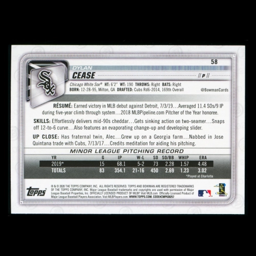 Dylan Cease RC 2020 Bowman Rookie White Sox