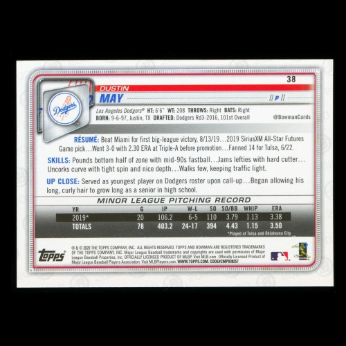 Dustin May RC 2020 Bowman Rookie Dodgers
