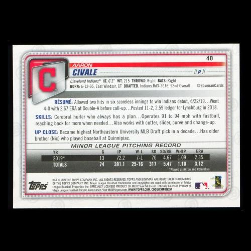 Aaron Civale RC 2020 Bowman Rookie Indians