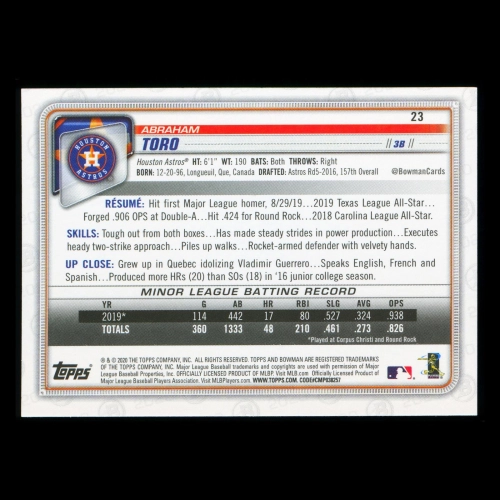 Abraham Toro RC 2020 Bowman Rookie Astros