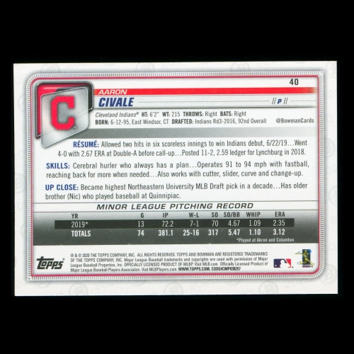 Aaron Civale RC 2020 Bowman Rookie Indians