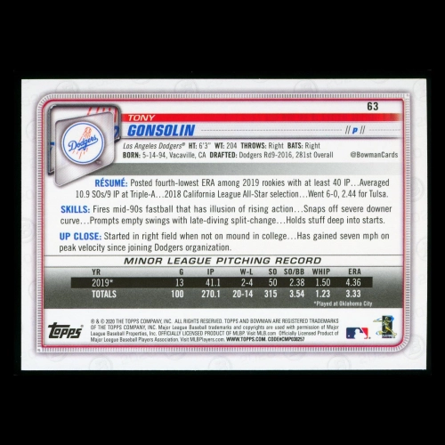 Tony Gonsolin RC 2020 Bowman Rookie Dodgers