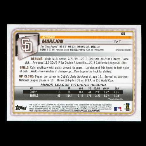Adrian Morejon RC 2020 Bowman Rookie Padres
