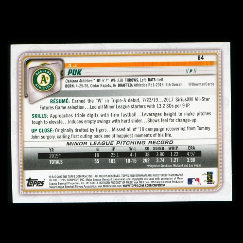 A.J. Puk RC 2020 Bowman Rookie Athletics